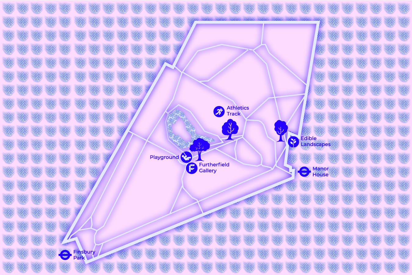 A pink and purple map of Finsbury park with 3 trees on it, next to trees are icons, one with the Furtherfield, another with a running man and the last with a plant