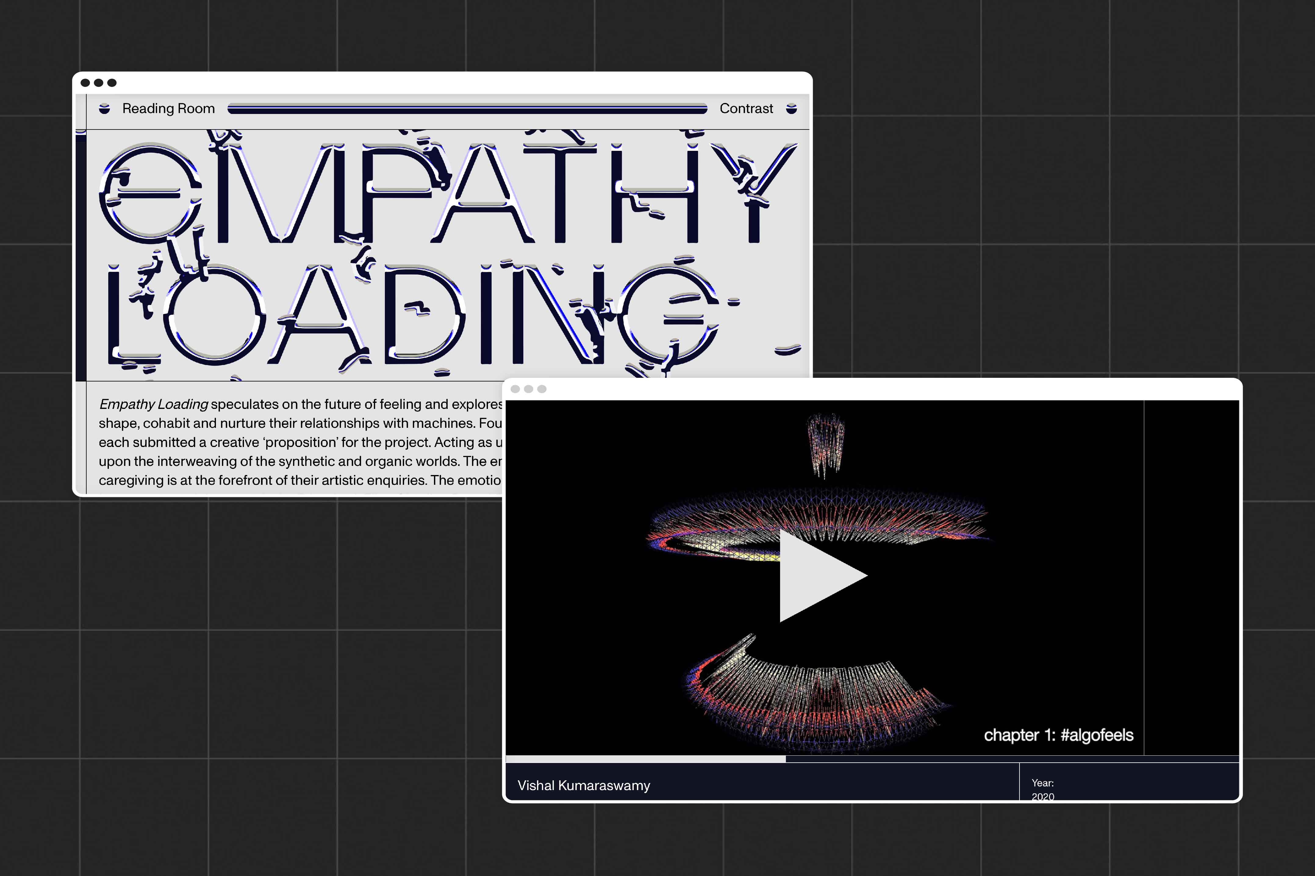 two desktops showing the empathy loading website. The desktop in the foreground shows a video on a sideways scroll, the desktop on the background shows the empathy loading homepage.