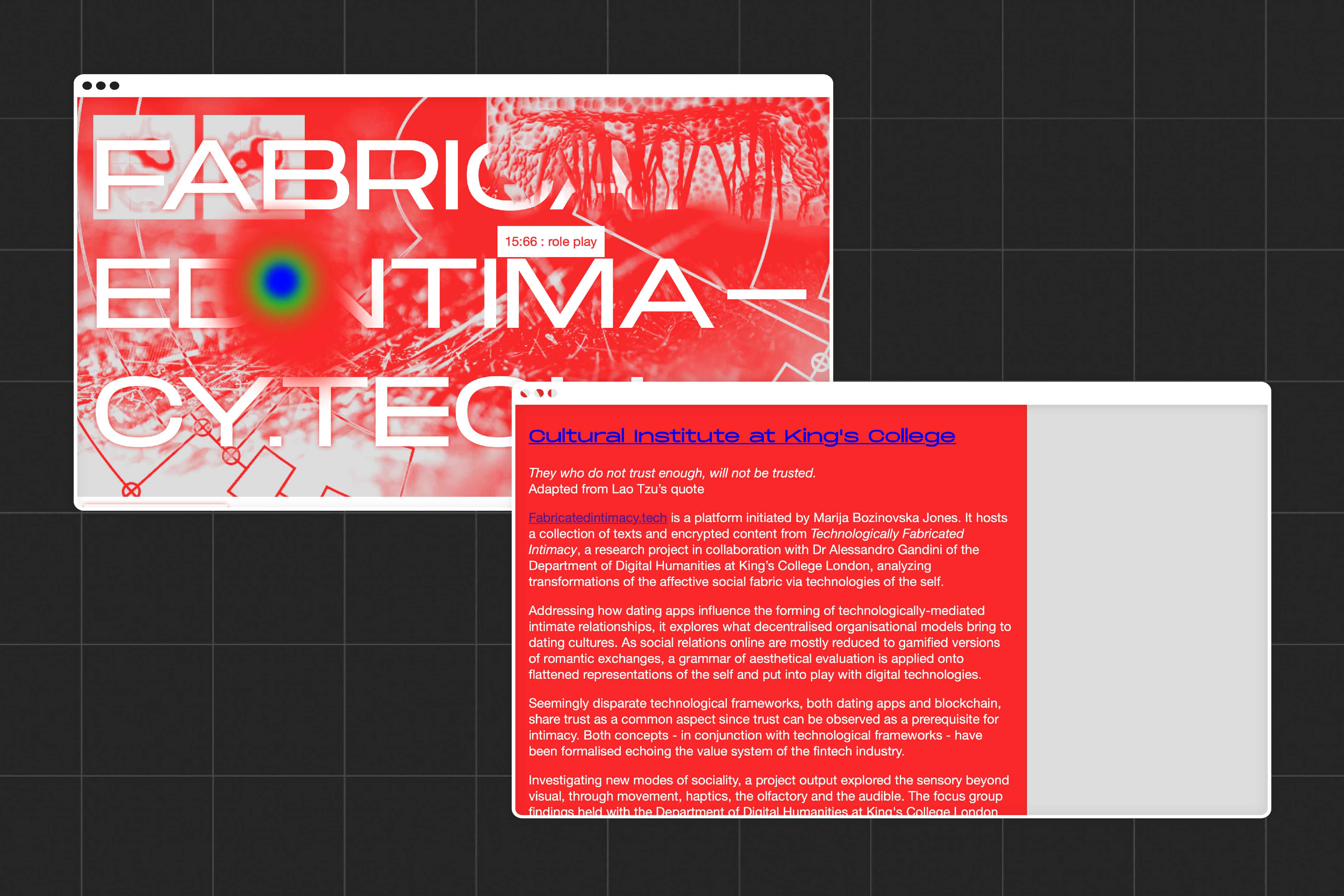 Fabricated Intimacy website homepage with about text