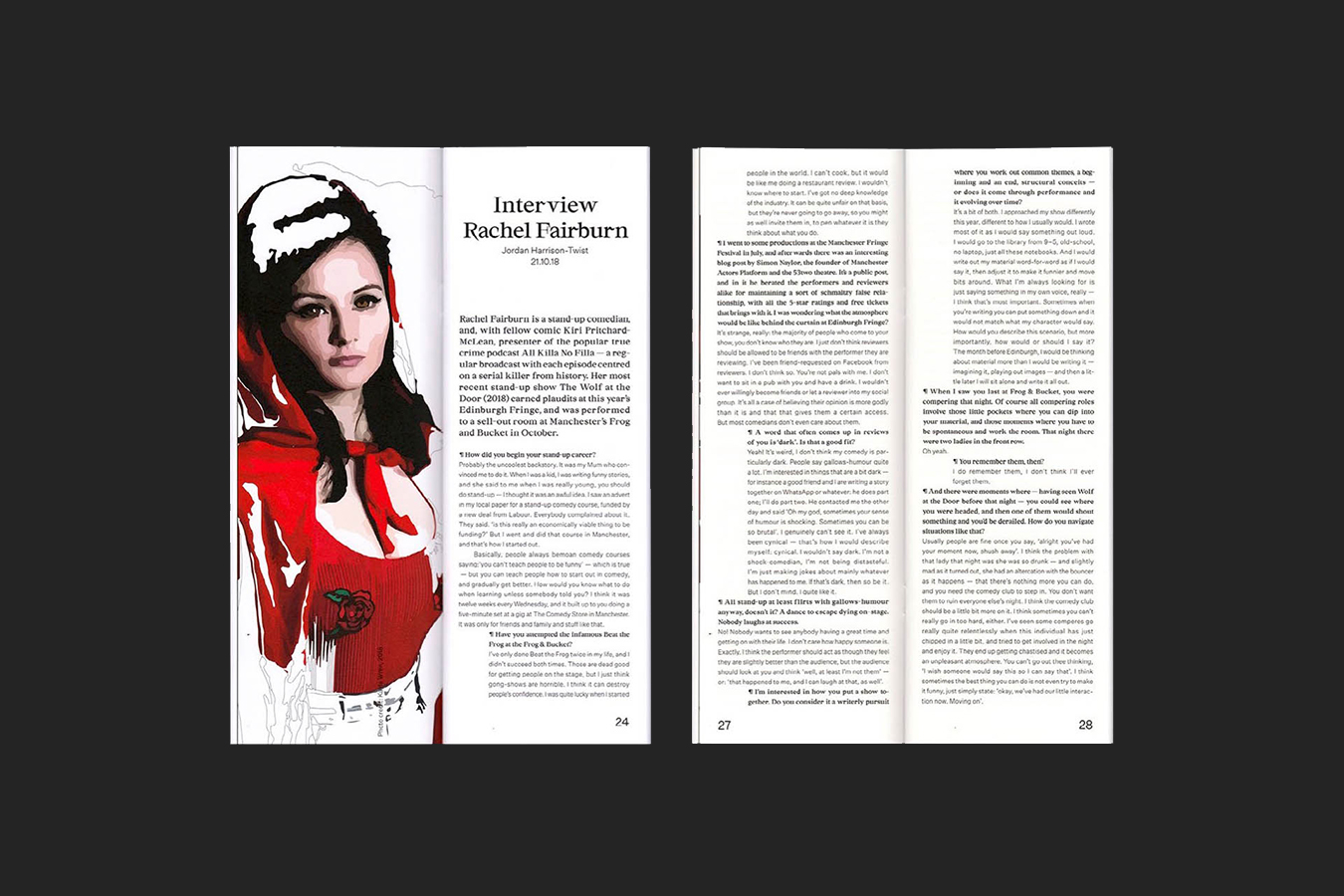 A second image on one of the interviews, on the left hand side of the spread there's a large illustration of the individual being interviewed, the illustration is designed in such a way to make use of the image treatment that is part of the visual identity