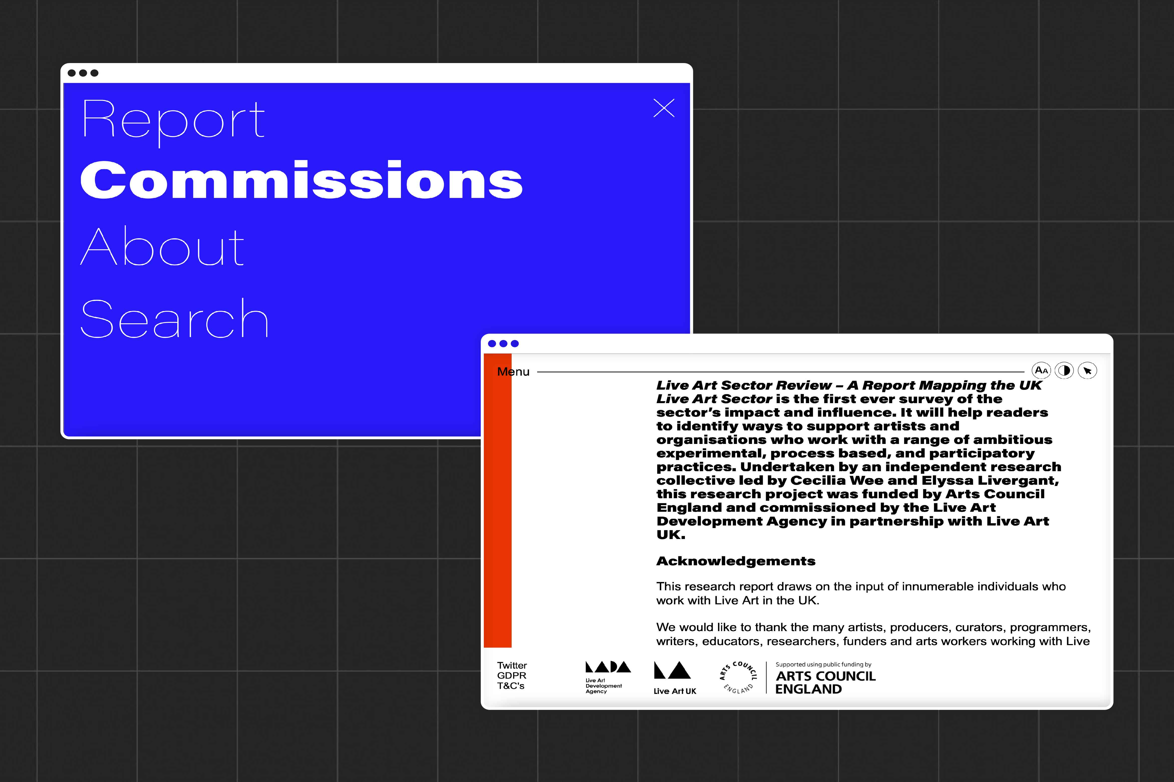 Two desktops showing the Live Art Sector Research website. The desktop in the background shows the menu for the website, the desktop in the foreground shows the acknowledgements