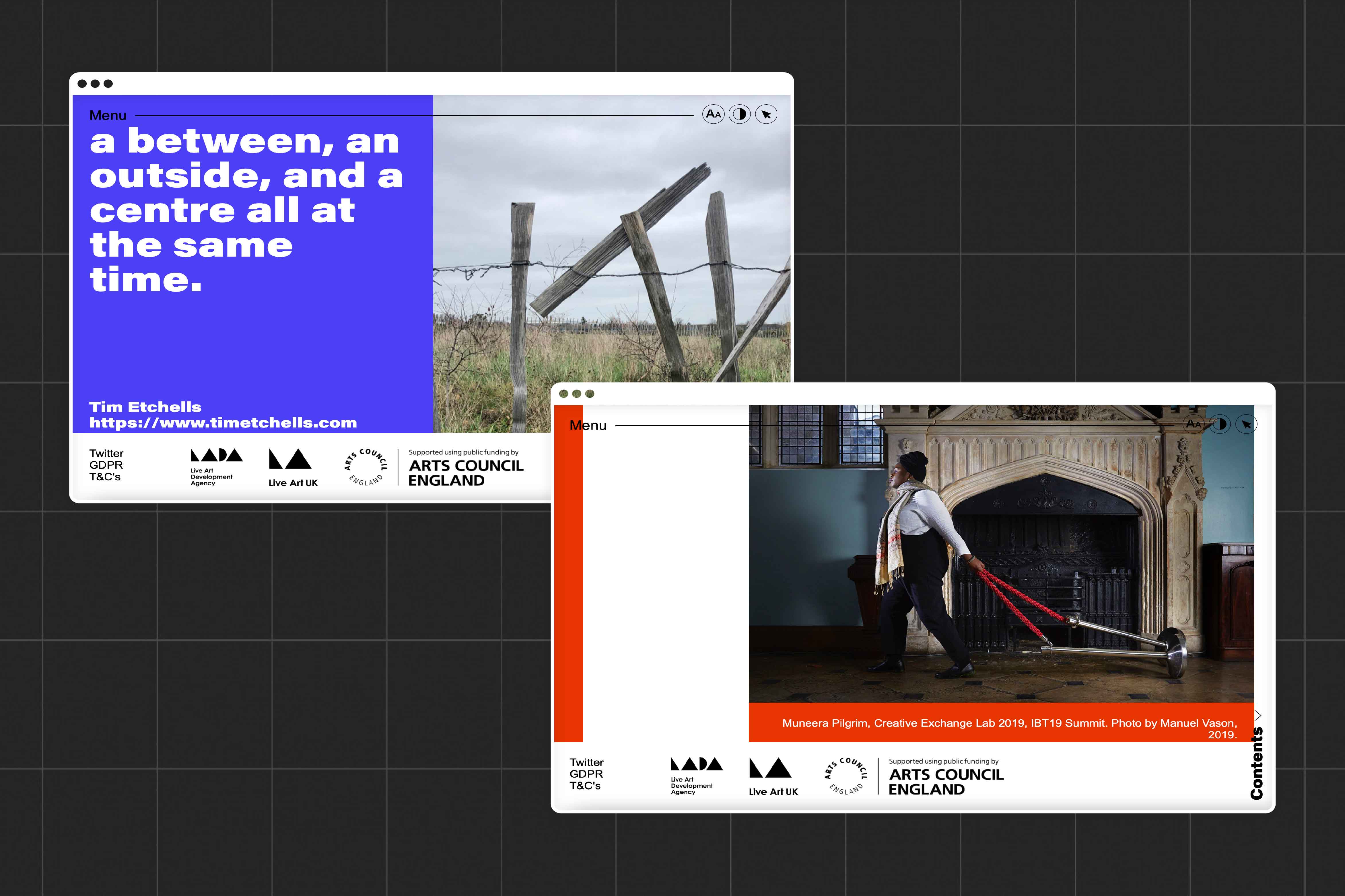 Two desktops showing the Live Art Sector Research website, both desktops show project pages one with purple and the other with orange accents.
