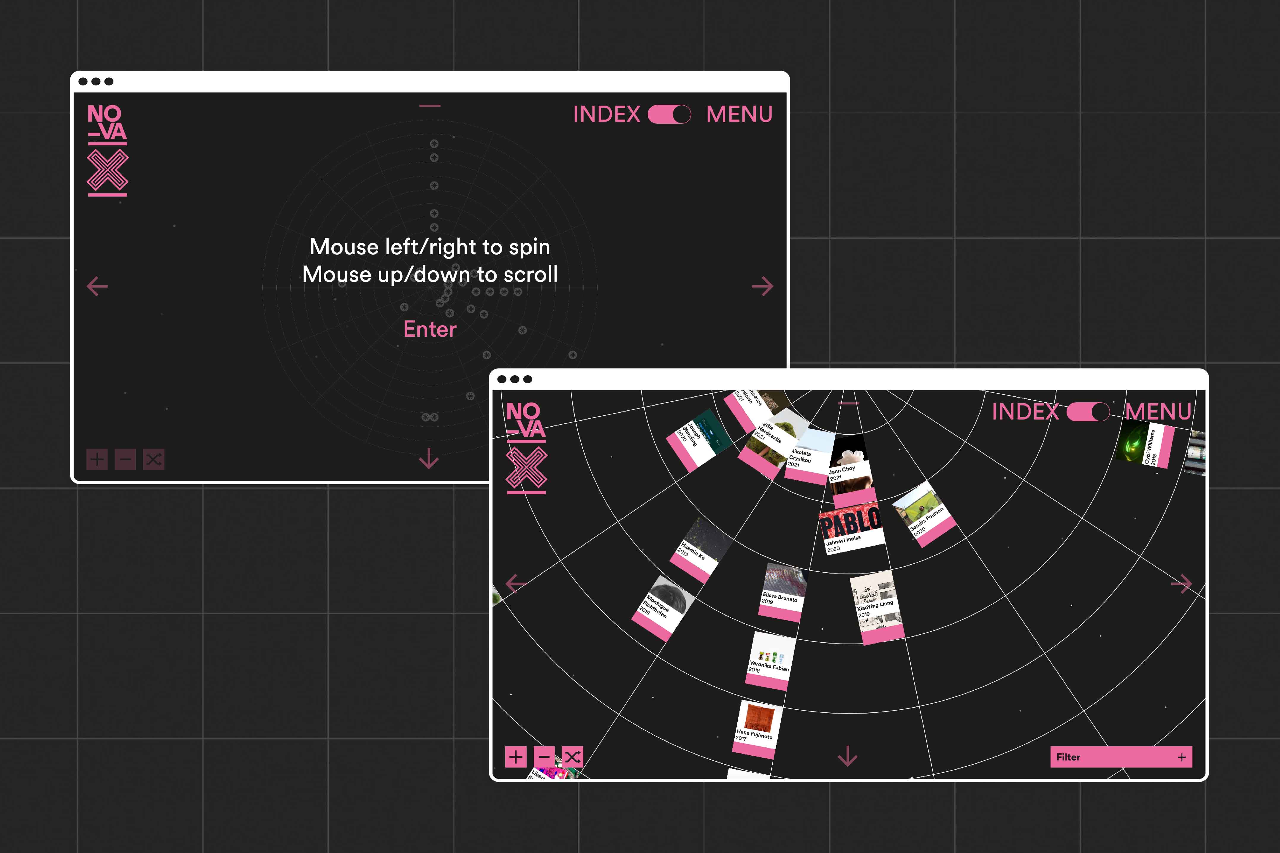 Images of the website showing how the home page works, the first image explains how the site functions. The second image shows a close up of the constellation, with the work of students who had won awards over the 10 years of Nova's history.