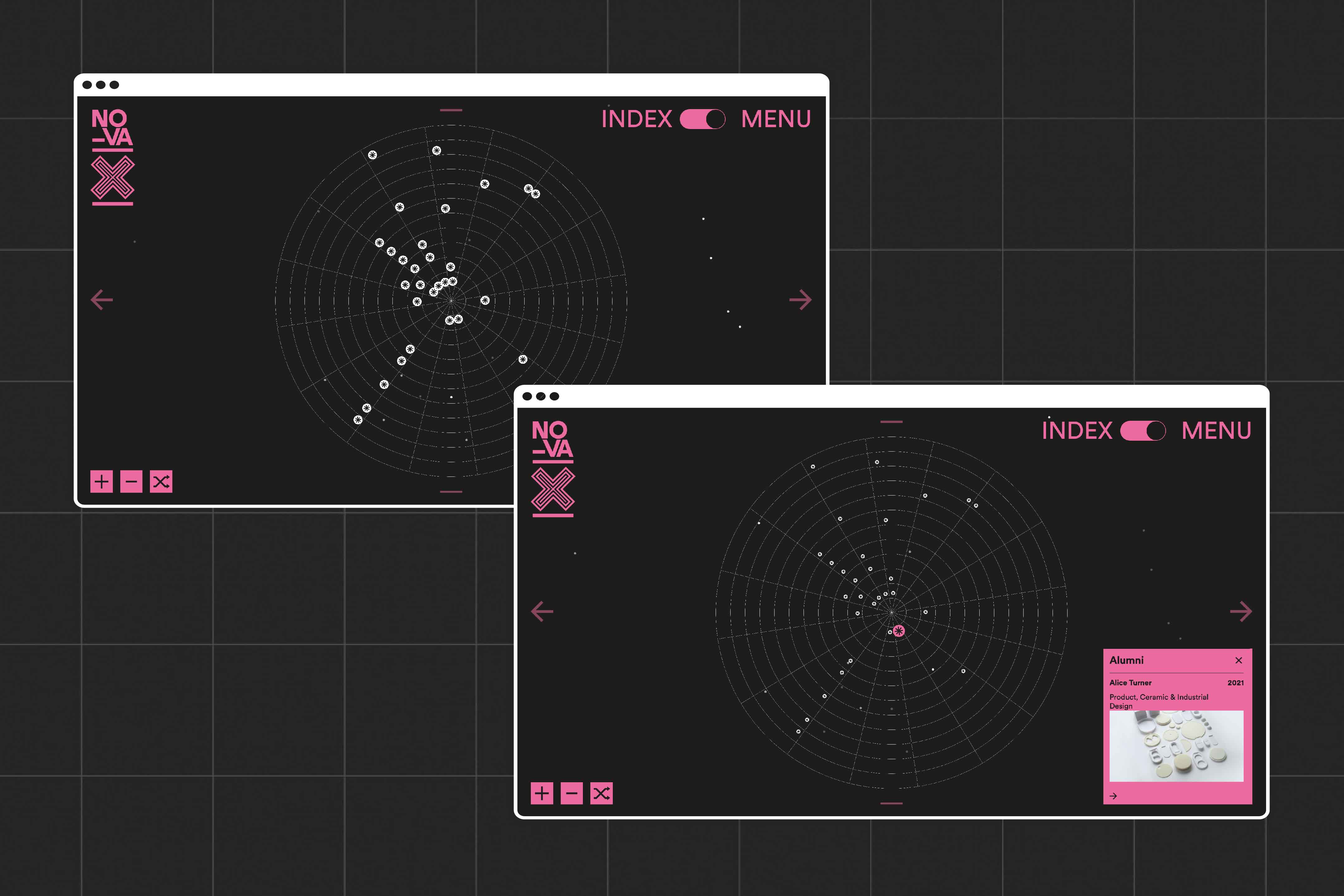 Images of the website showing the constellation on a zoomed out view, with the work of students who had won awards, the second image shows a hover state when a user hovers on a constellation star, revealing information about the students work.