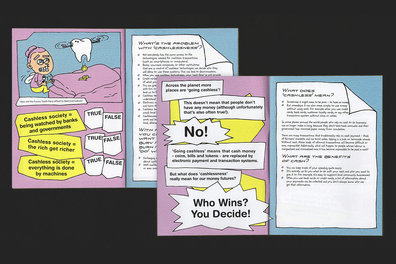 Scans of the planet cashless magazine, showing the playful and illustration and typography, as well as the themes and ideas behind the project