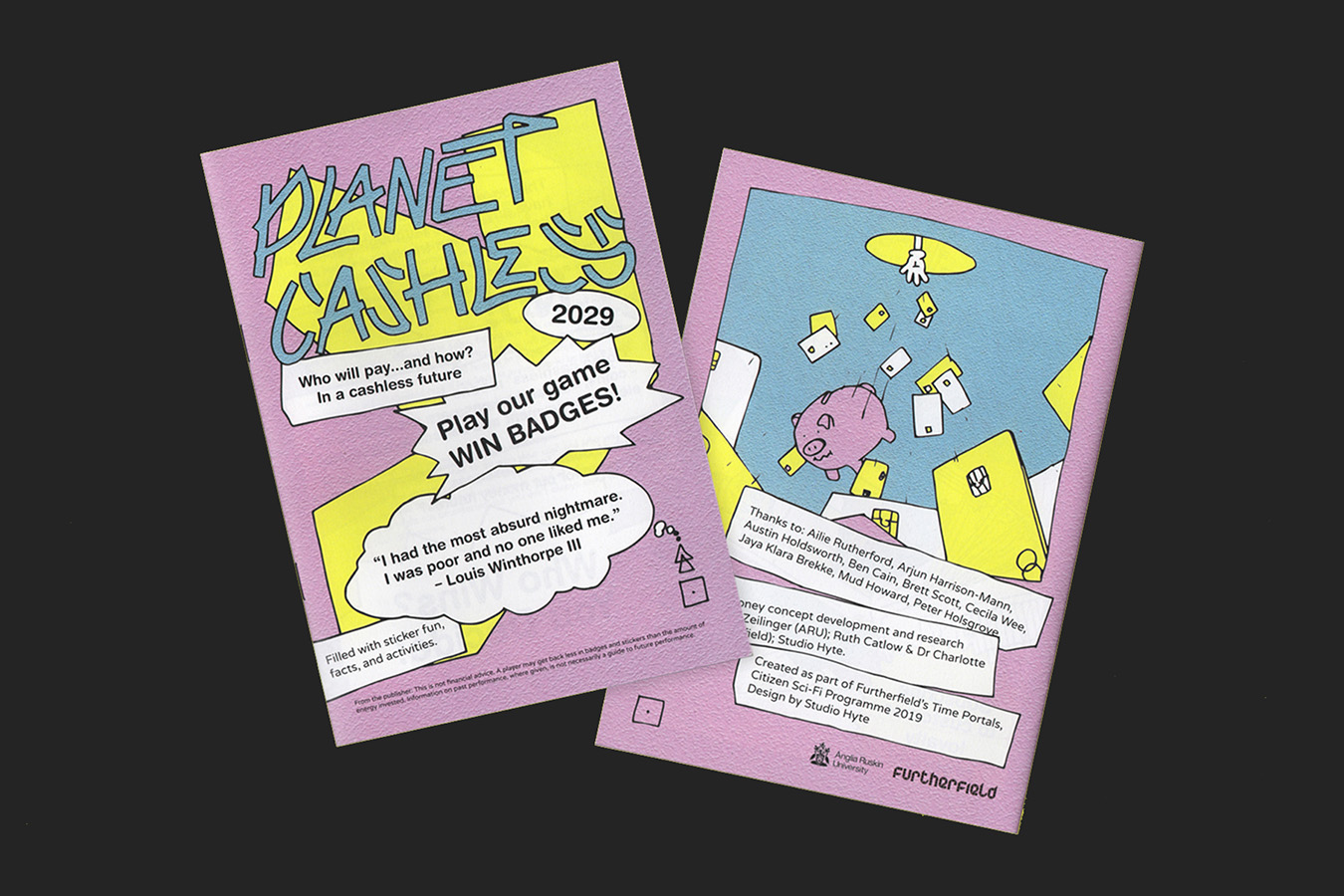 Scans of the front and back cover of the planet cashless magazine, showing the playful and illustration and typography