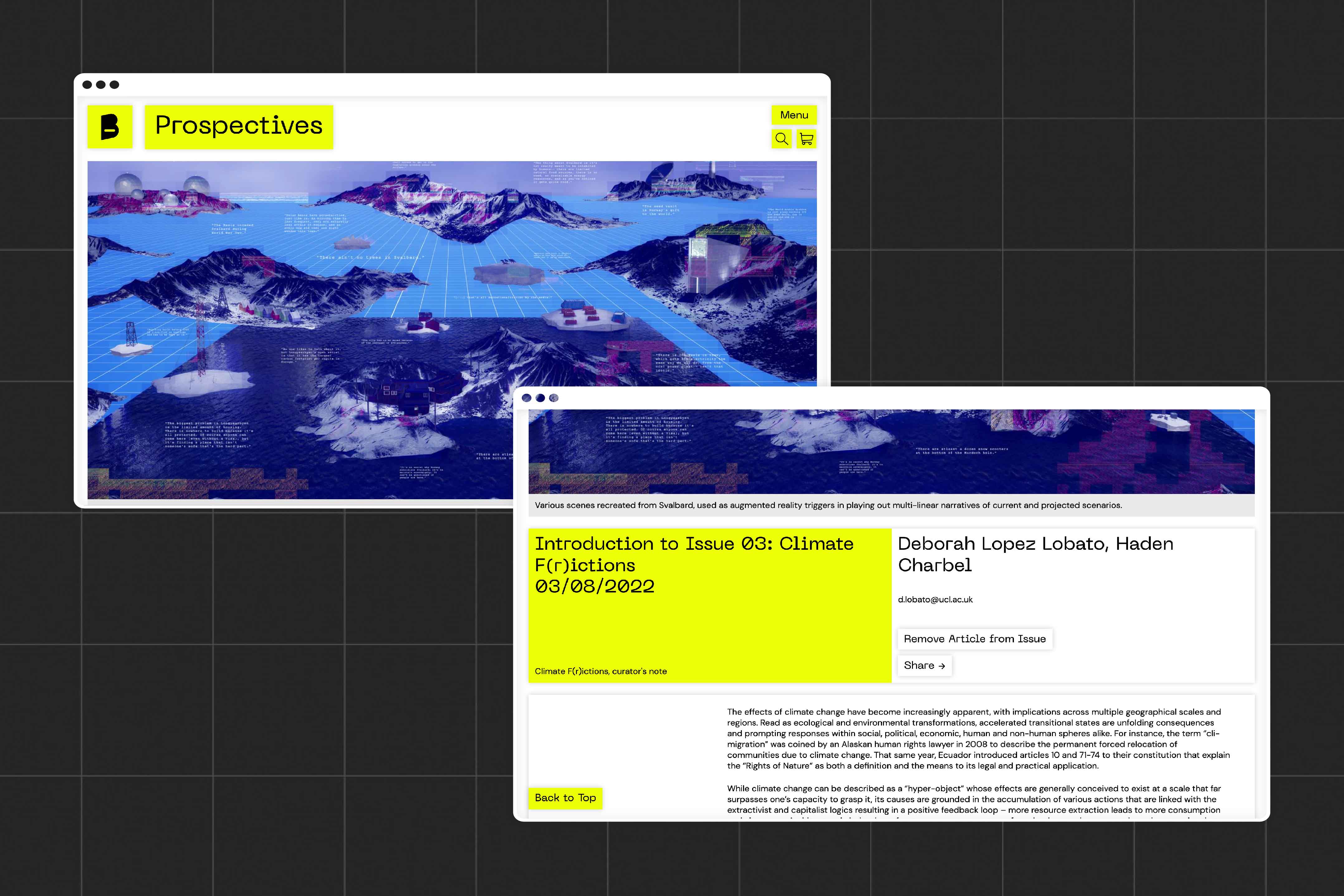 Images an Article within a custom issue, showing a large blue hero image and the articles content in an easily readable format.