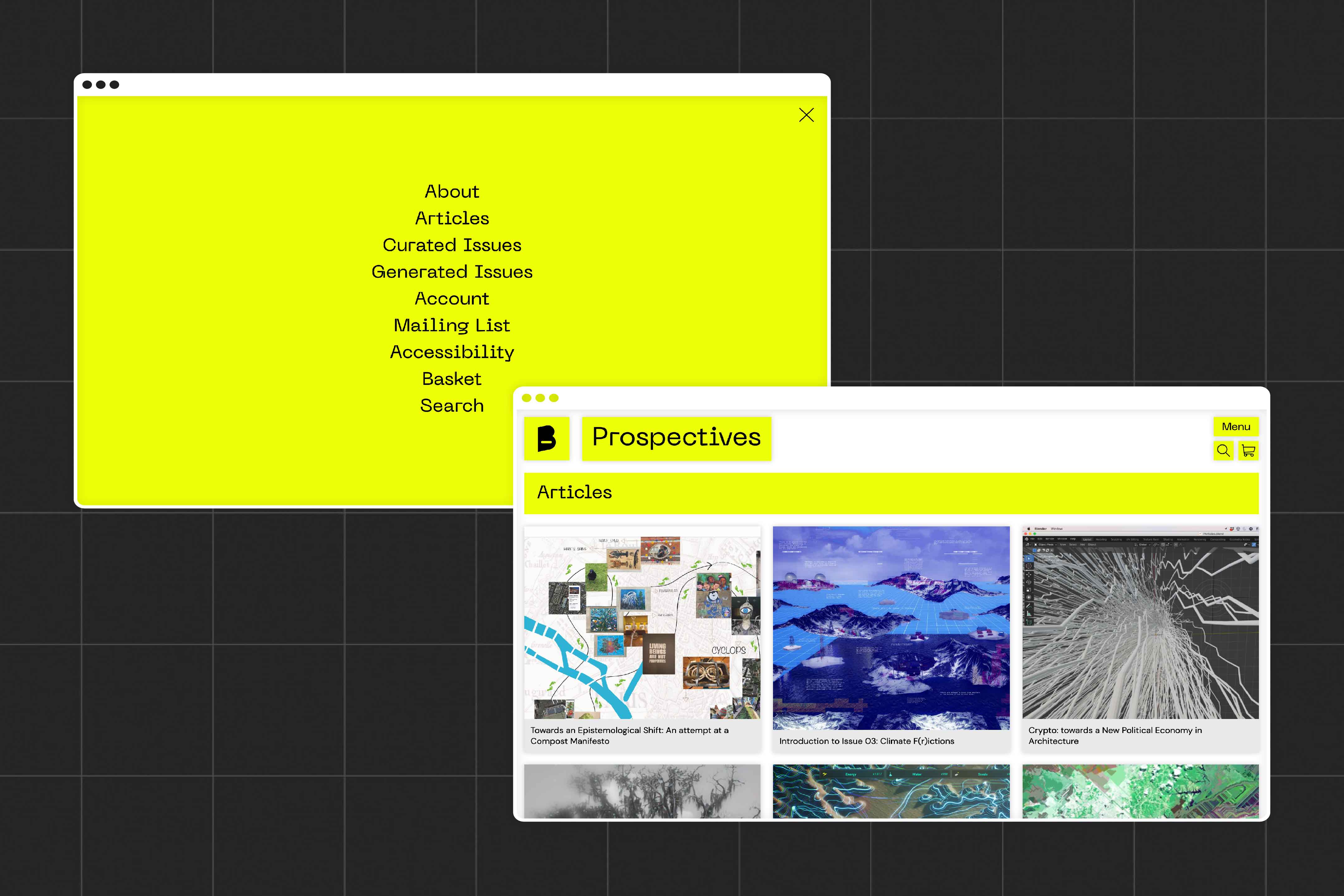 Images the prospectives menu overlay showing all the pages within the website, followed by the 'Articles' Page. Showing the many articles that have been written and art hosted on the prospectives website.
