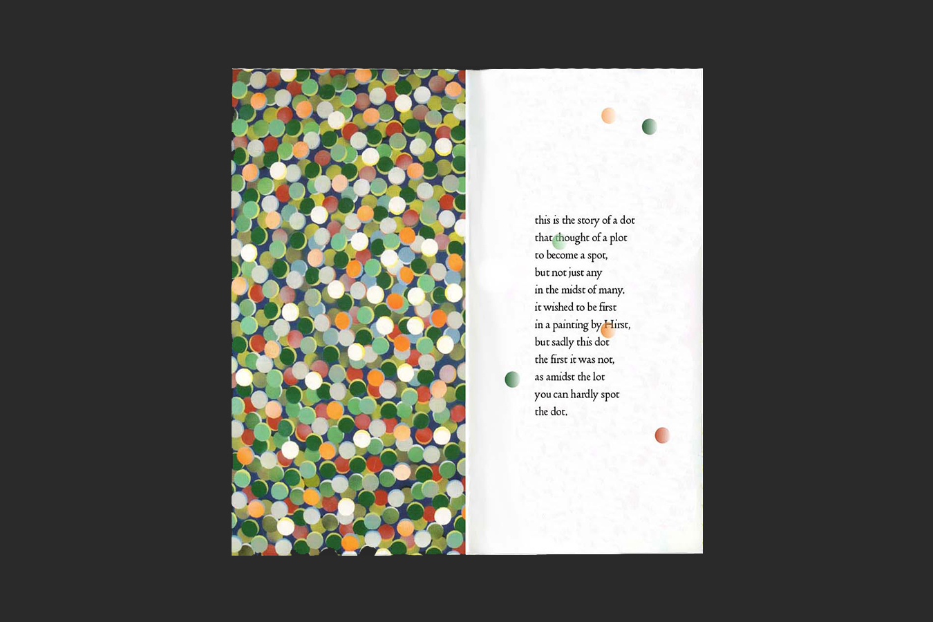 A scan of the Studio Sink Poetry booklet, the left page has lots of multi coloured dots on it that look like they are from a hole punch, the right has a few lines of left aligned text with a few dots scattered about the page