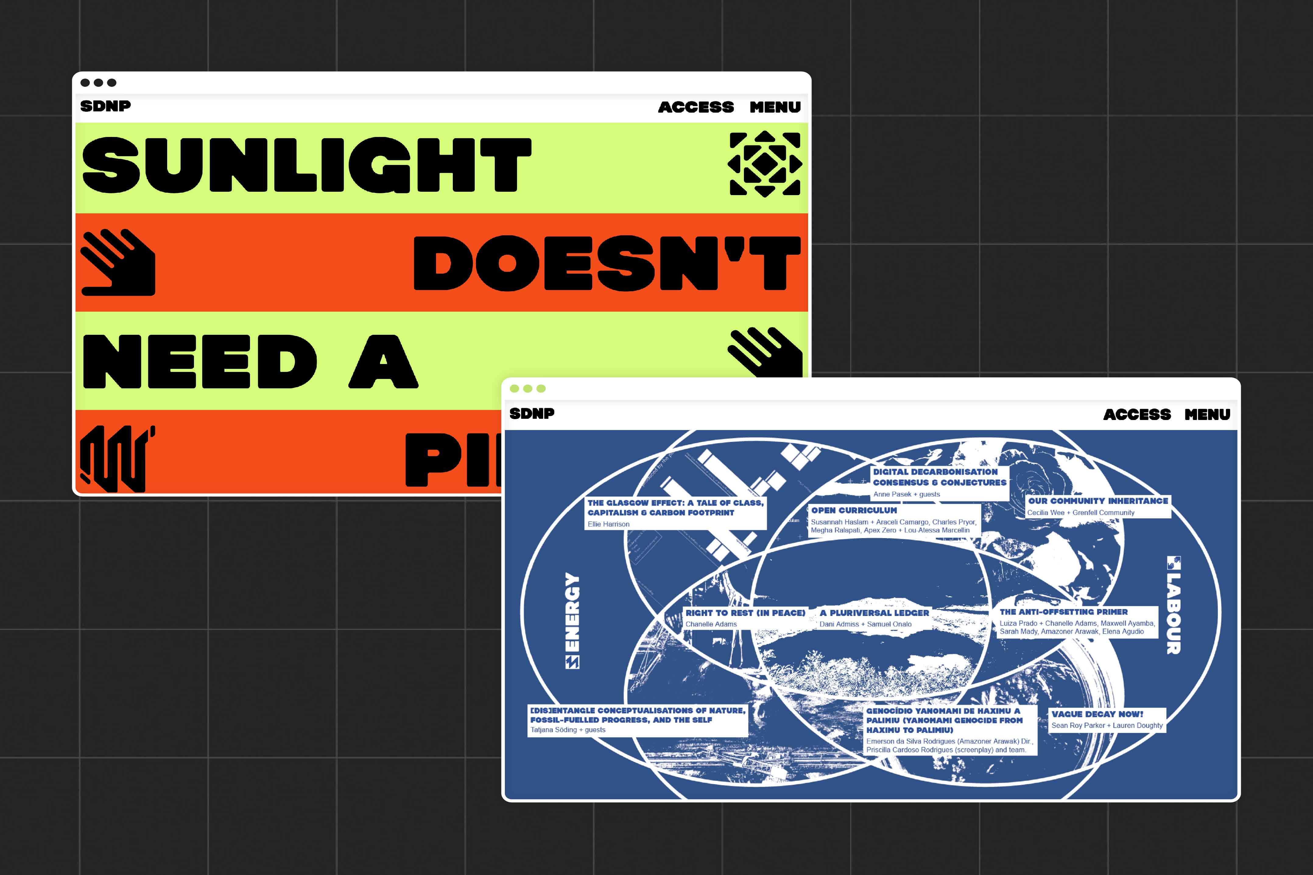 Image shows the SDNP homepage showing SDNP logotype and icons, as well as showing the SDNP digital Venn diagram which was later produced as a large format cyanotype.