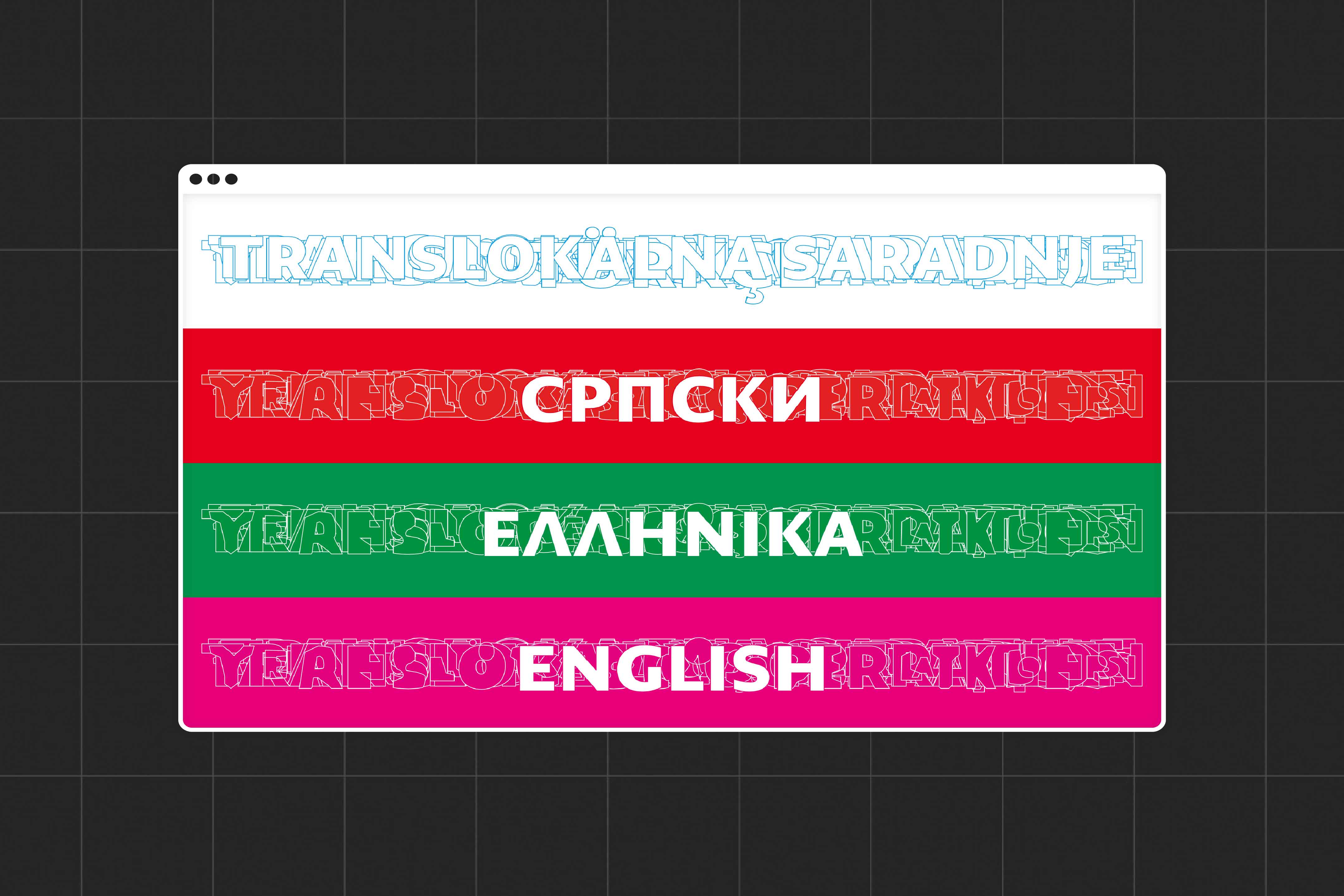 An image showing the Translocal Cooperation visual identity on the website, showing the four languages and countries involved in the development of the project