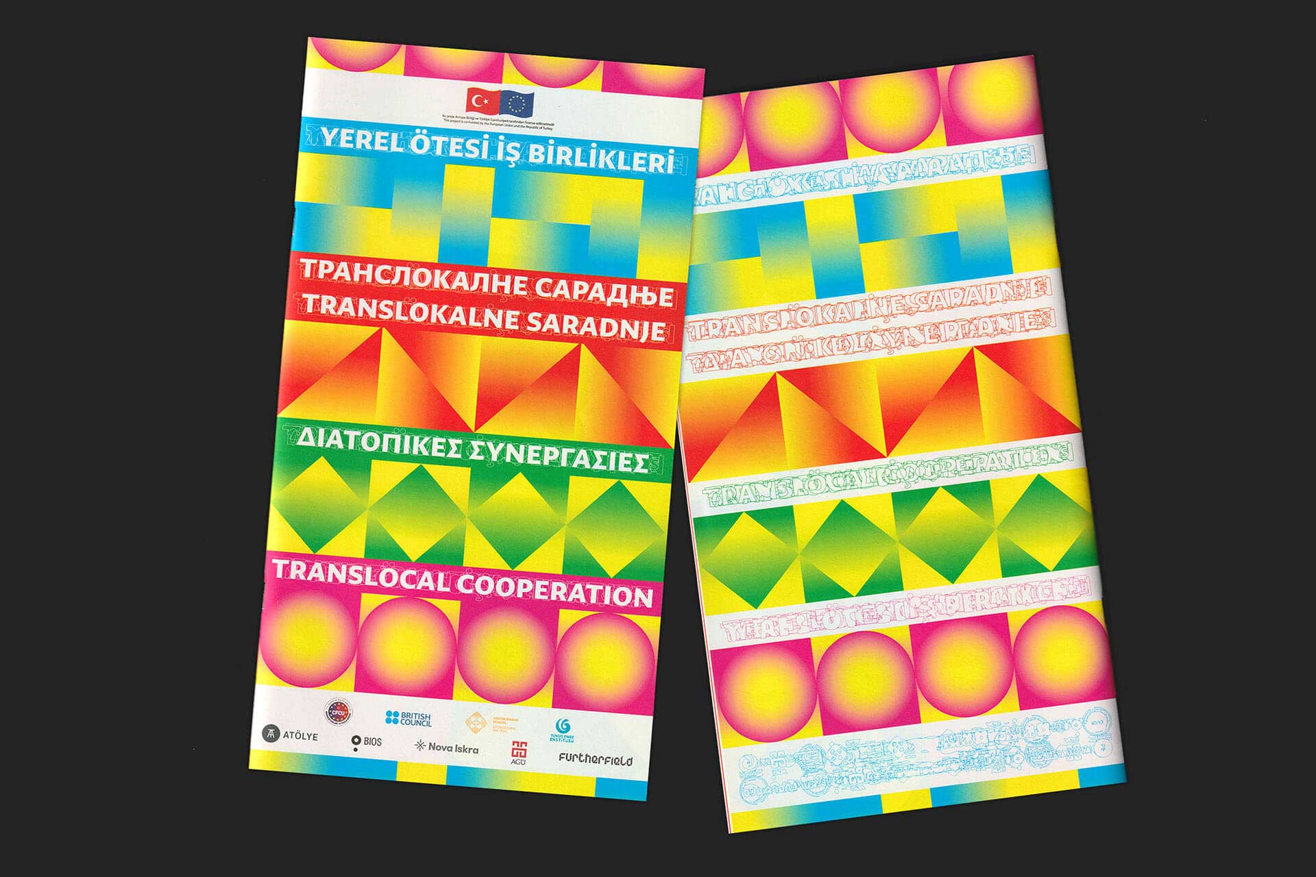 A scan of the front and back of the booklets showing the brightly covered visual identity, the four languages involved, and the logos of those who supported the project