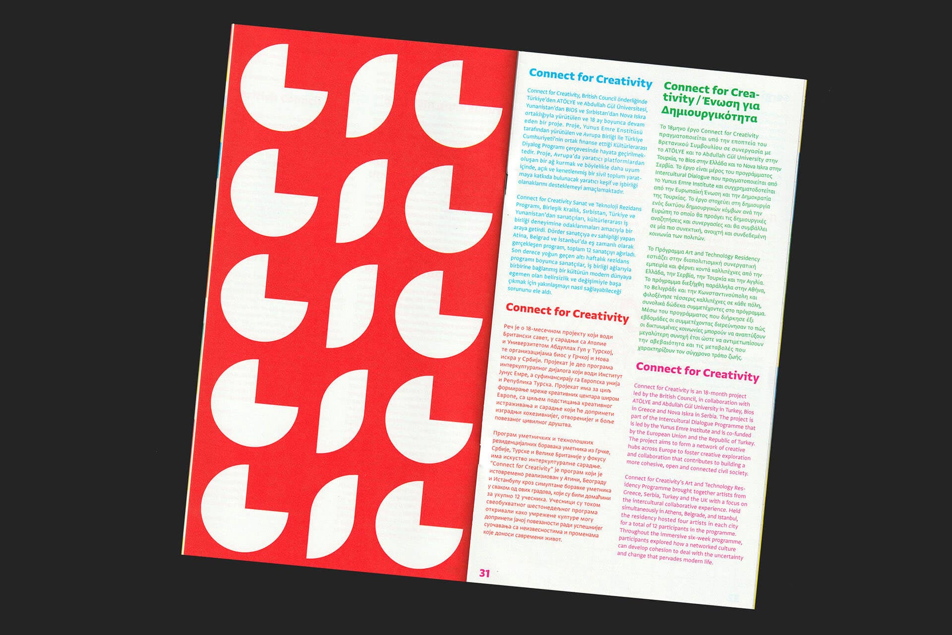 An image of the booklet showing the interior design of the publication, showing how we used all four languages